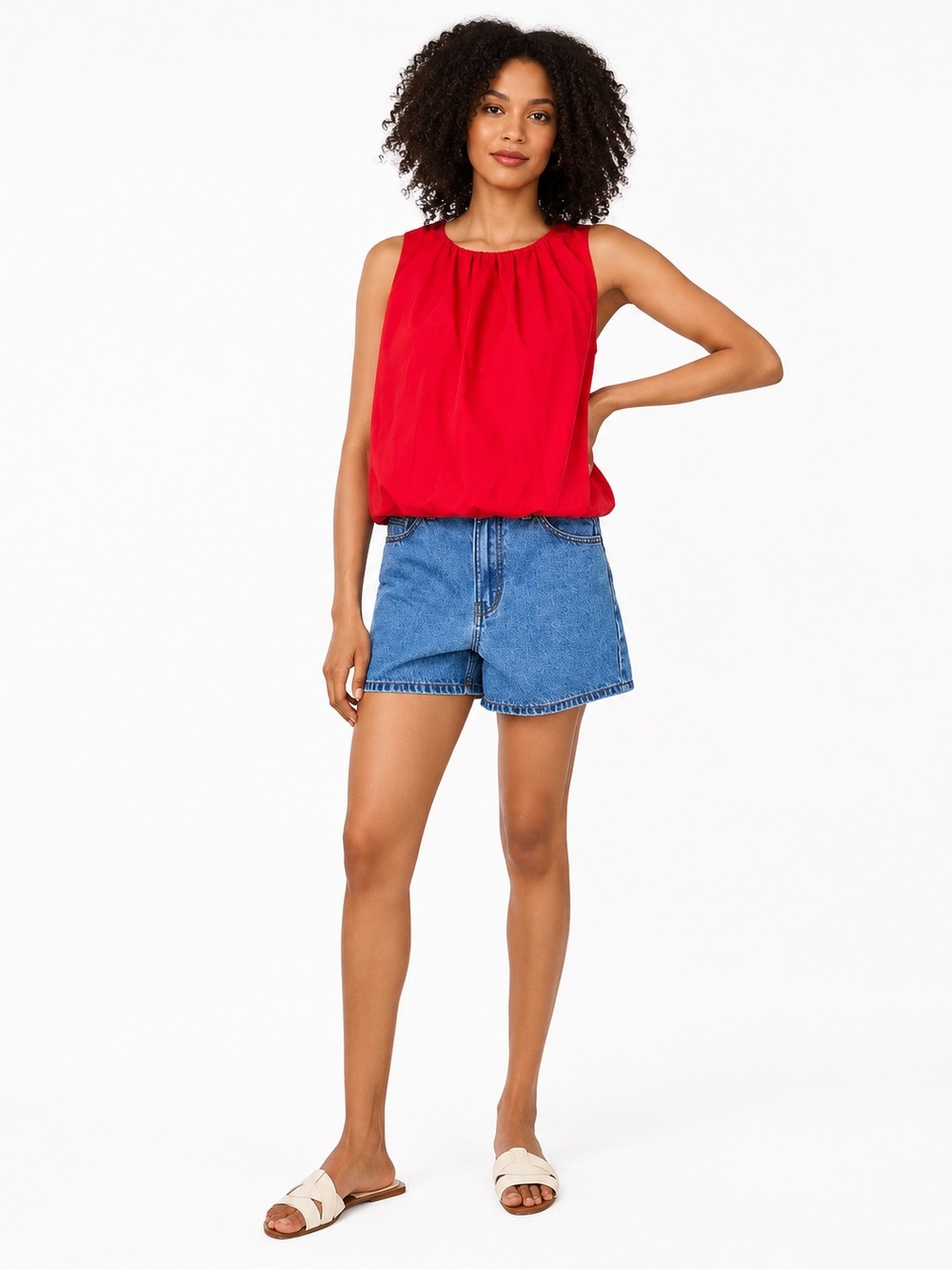 1 State Bubble Poplin Round Neck Sleeveless Top